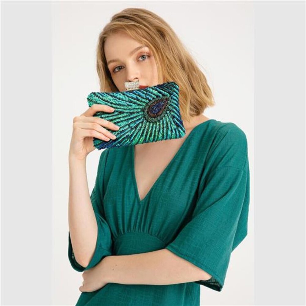 Evening Bag Clutch Purses for Women Beaded Sequin Peacock Party Handbag Wedding - Picture 6 of 7